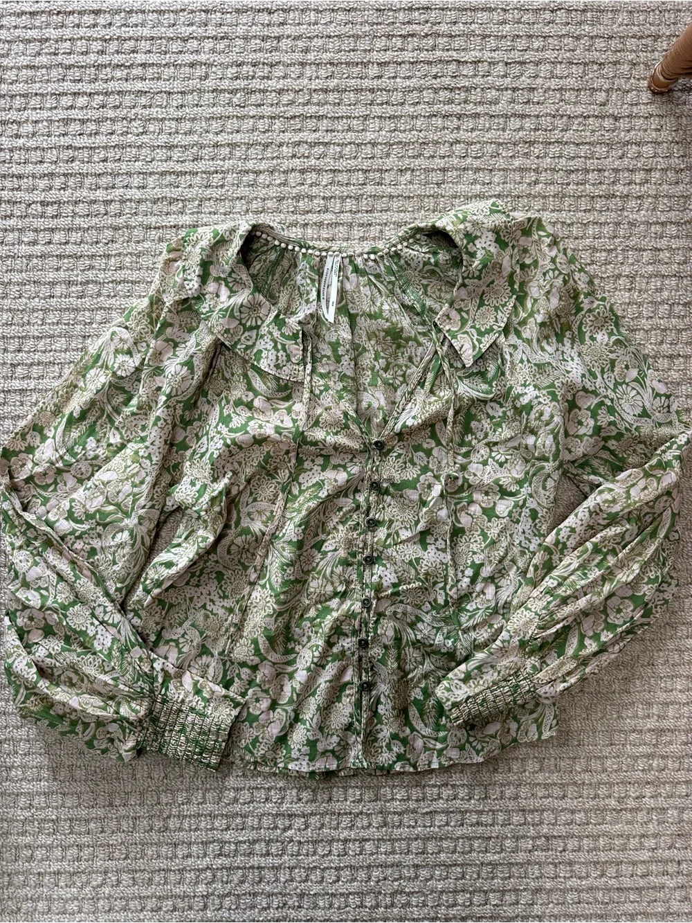 Anthropologie Green & Beige Floral Long Puff Sleeve Ruffle Blouse Sz XXS